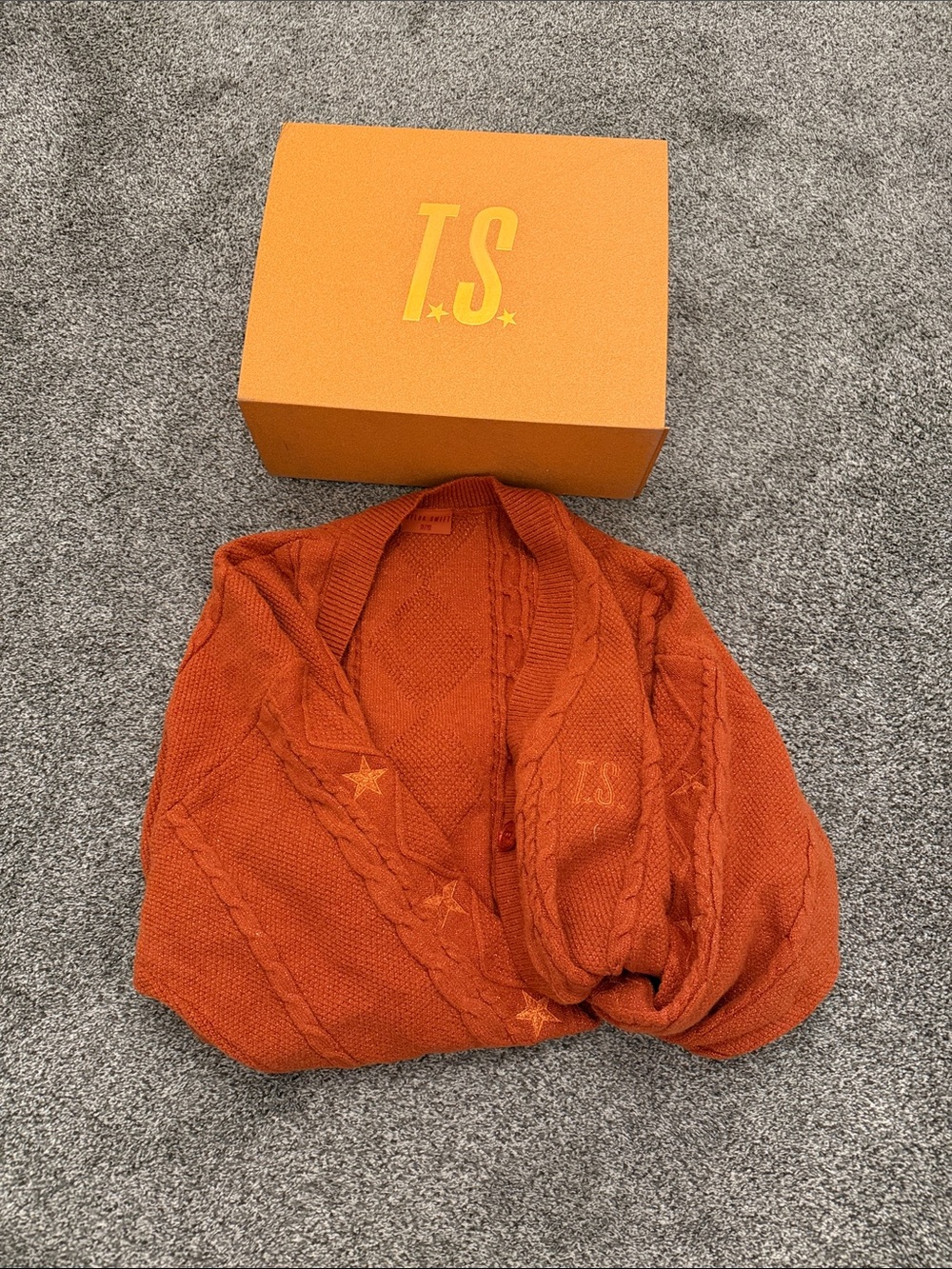 Brand new TAYLOR SWIFT Orange cardigan in Burnt Orange with box and CD.